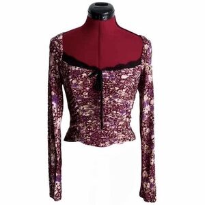 Free People Purple Floral Ruched Lace-Trim Long Sleeve Top Bustier Fairycore